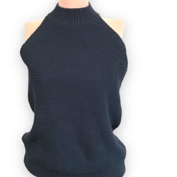 Ann Taylor Loft Knit Mock Neck Sweater Tank - Size Large, Navy - Picture 1 of 2